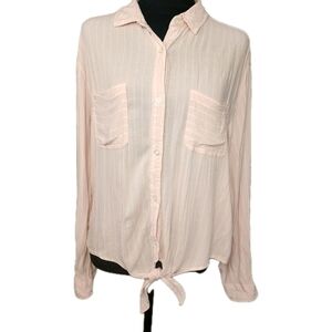 So Women's Sz L Pink And White Striped Tie Front Button Front Collared Blouse